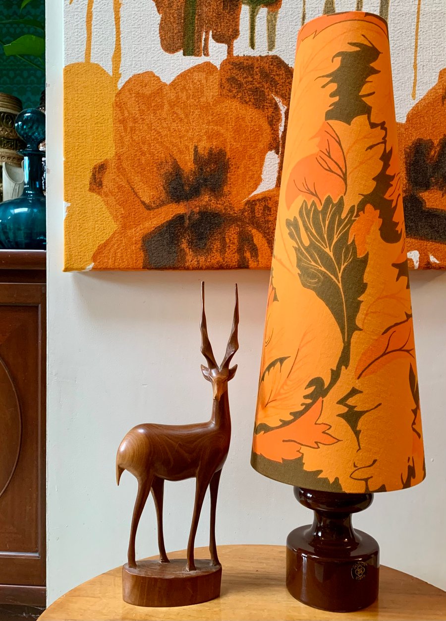 Dramatic Art Nouveau Leaf CHESHUNT Orange Olive LARGE Vintage Fabric Lampshade