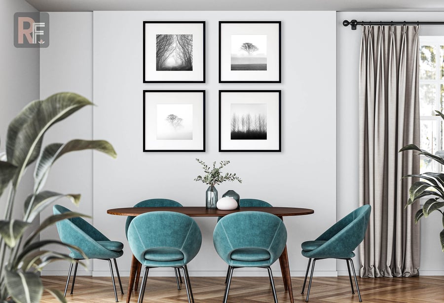 Set of four misty trees, black and white fine art photography