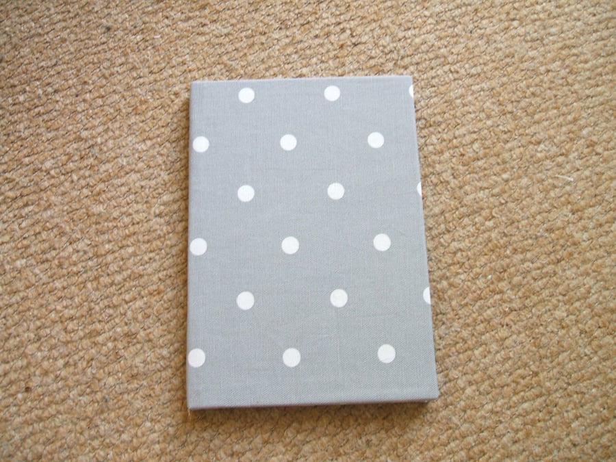 fabric covered A5 notebook - grey & white spot fabric - plain pages