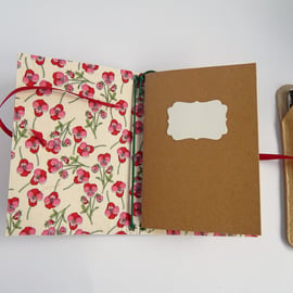 A6 Cork & Liberty Fabric Notebook Cover Set. Pansy Flowers. Gift Set. 
