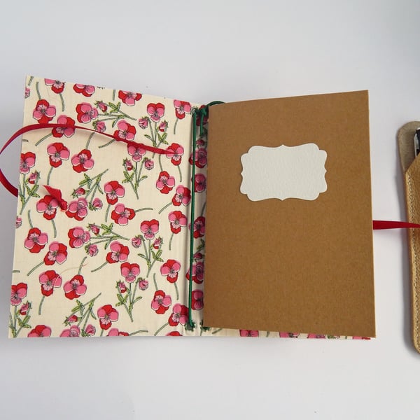 A6 Cork & Liberty Fabric Notebook Cover Set. Pansy Flowers. Gift Set. 