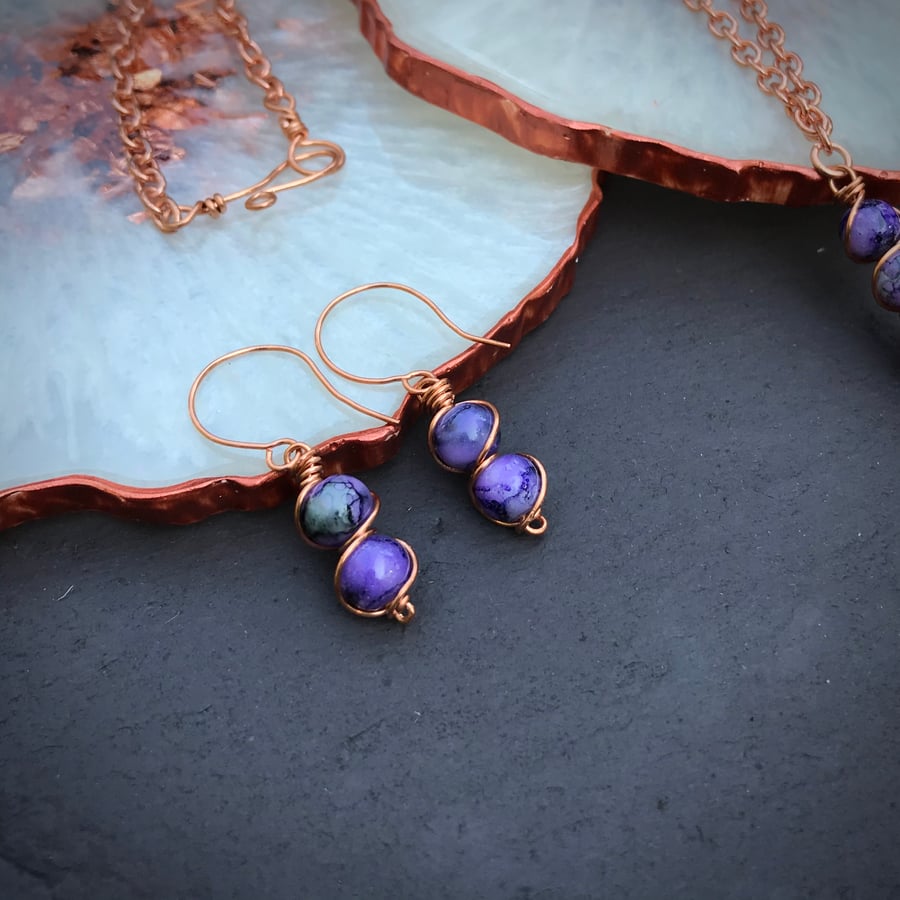 Cosmic Swirl Purple Glass Bead Copper Earrings