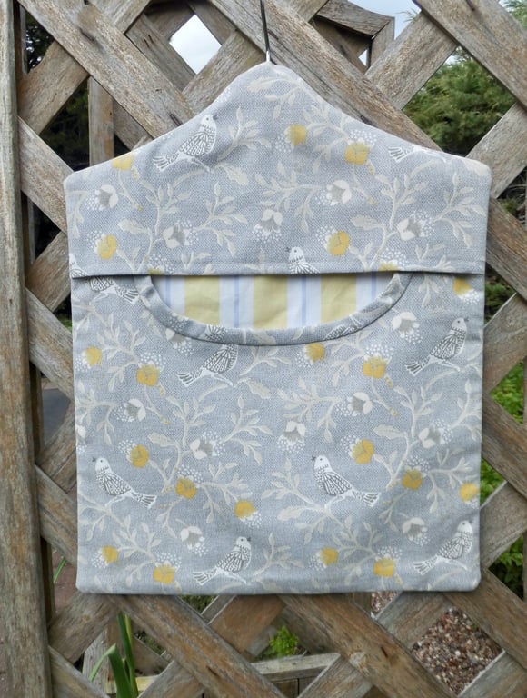 Peg bag in grey and yellow bird print fabric 