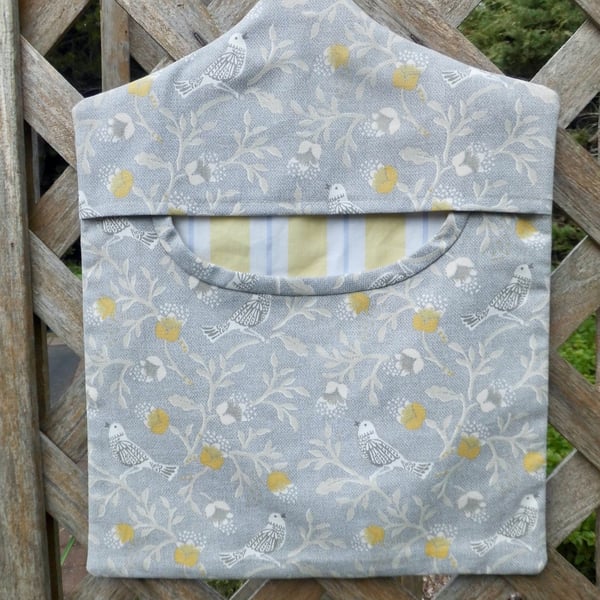 Peg bag in grey and yellow bird print fabric 