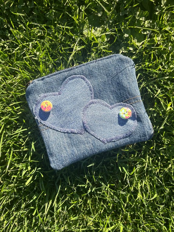 Denim purse with hearts - Upcycled jeans pockets