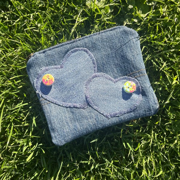 Denim purse with hearts - Upcycled jeans pockets