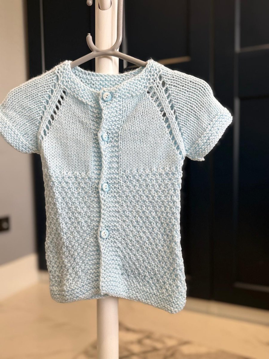 Image of HandKnitted Baby Short Sleeve Cardigan Vest with Eyelet Detail–Light Blue(9-12m)