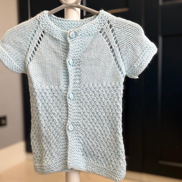 HandKnitted Baby Short Sleeve Cardigan Vest with Eyelet Detail–Light Blue(6-12m)