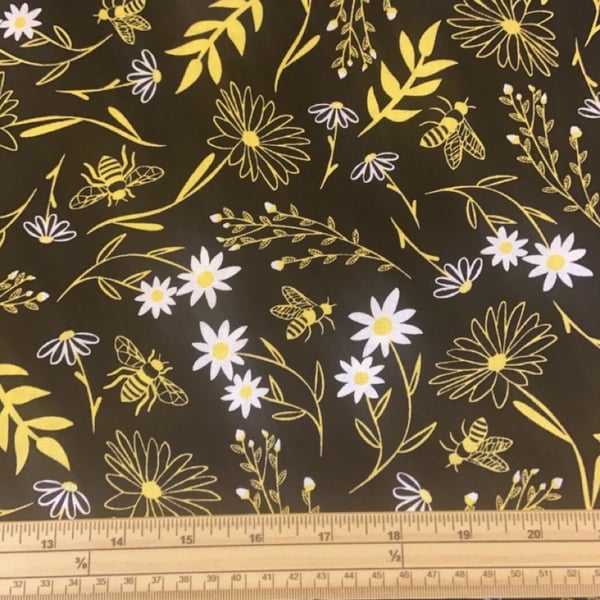 Fat Quarter Yellow Bees and Flowers On Black 100% Cotton Fabric