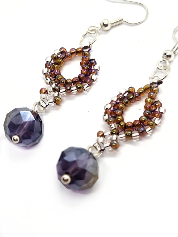 Silver, peach and purple ethnic inspired boho beaded dangle earrings