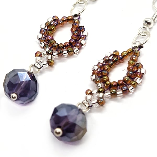 Silver, peach and purple ethnic inspired boho beaded dangle earrings