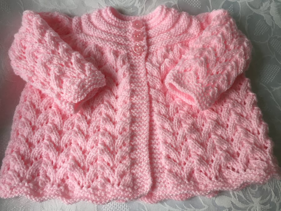 Hand Knitted Pink Matinee Cardigan, Fits 0 - 3 mths