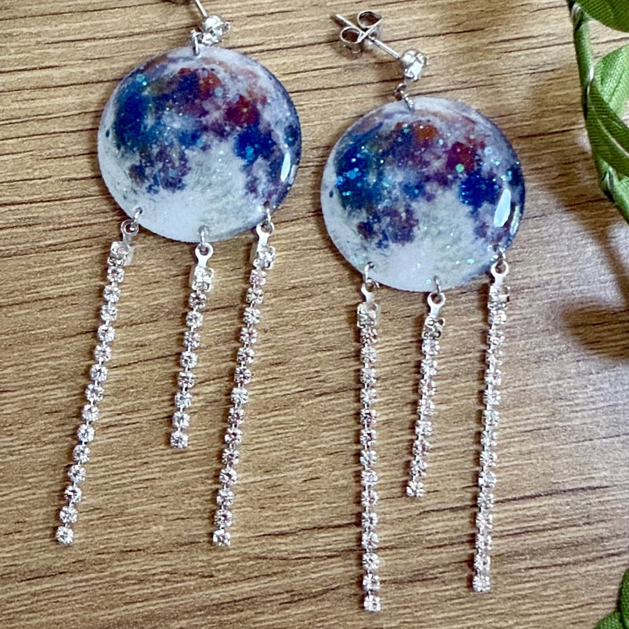 NASA Moon Image Earrings - Glitter Space Astronomy Dangle Studs