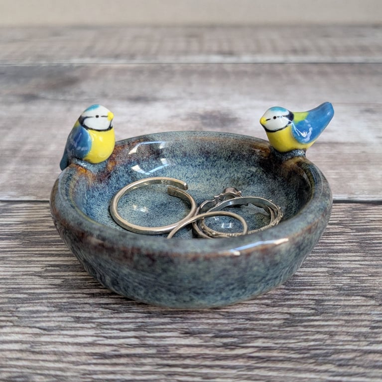 Ceramic ring dish with two mini blue tits, blue brown glaze