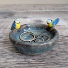 Ceramic ring dish with two mini blue tits, blue brown glaze