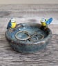 Ceramic ring dish with two mini blue tits, blue brown glaze