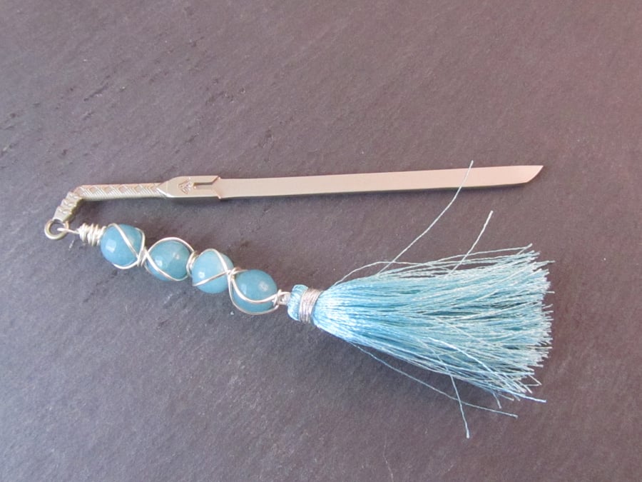 Blue Sword Bookmark, Quartzite Wire Wrapped Bookmark