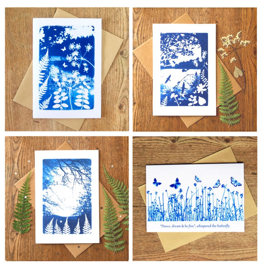 Pack of 4 card designs from Cyanotype images, Art cards pack, garden birds