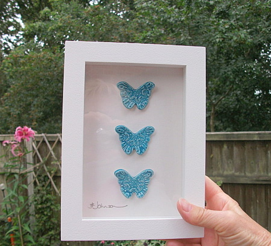 Turquoise ceramic butterfly plaque rustic white frame