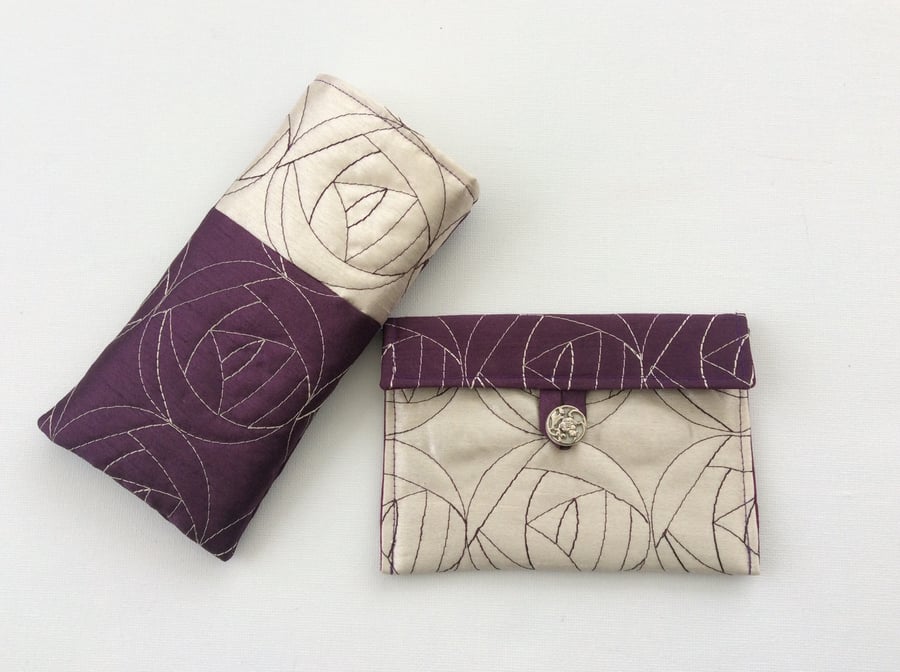 Glasses, sunglasses case, matching purse, quilted, cream, purple, gift set