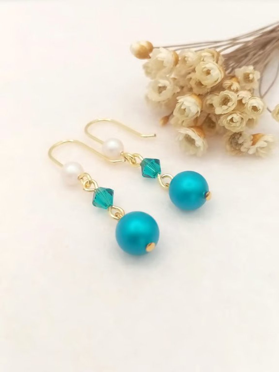 Pearl Earrings - Turquoise & White Crystal Pearl Drops - Special Occasion 
