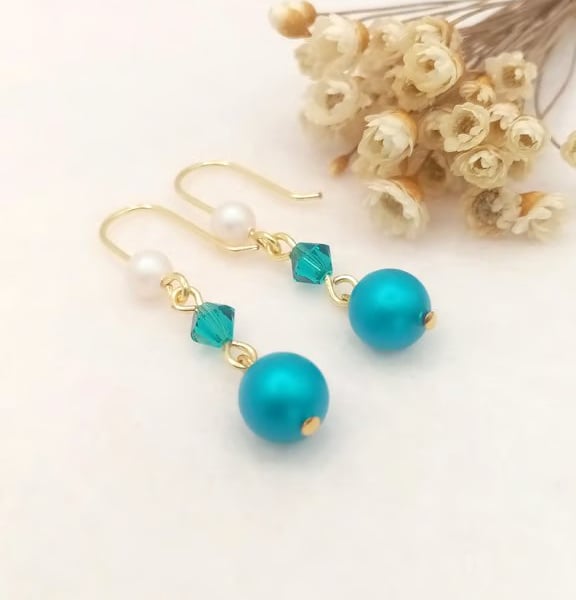 Pearl Earrings - Turquoise & White Crystal Pearl Drops - Special Occasion 