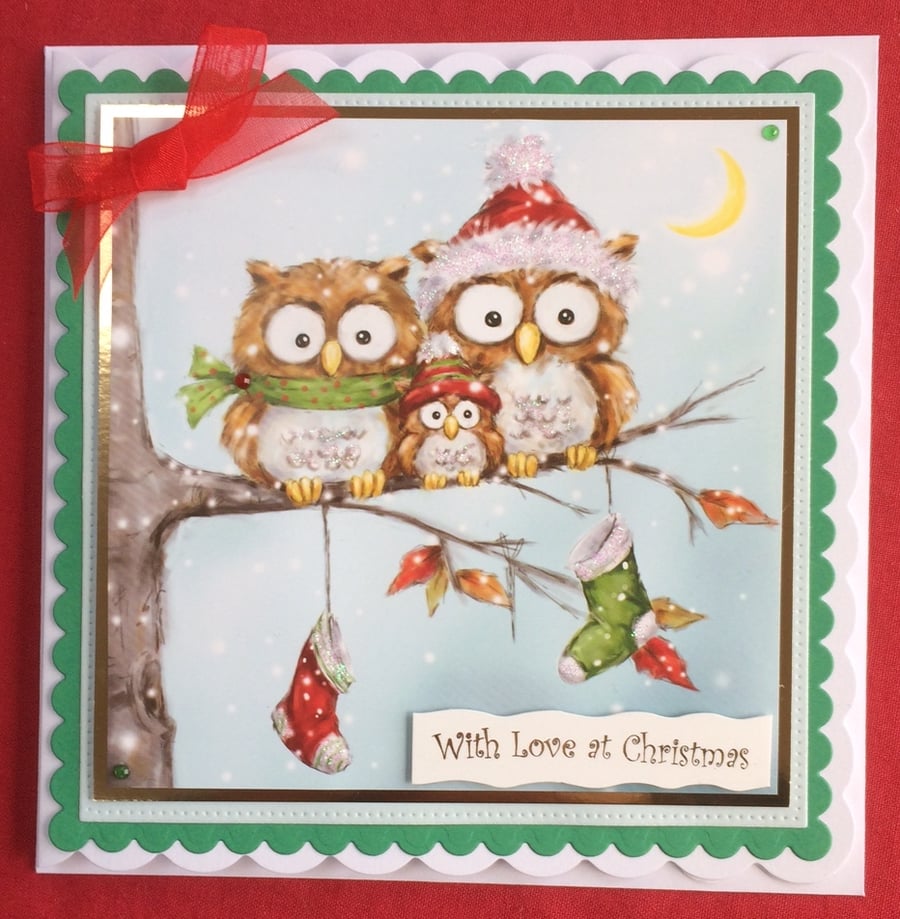 3D Luxury Handmade Card Christmas Owls Family in Tree by Poppy Kay Designs