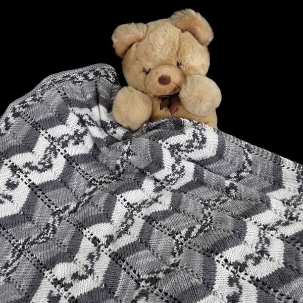 Hand knitted baby pram blanket - baby grey chevron Seconds Sunday