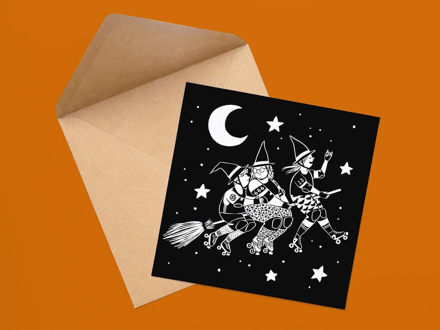 Skate Witches Halloween Greetings Card: Roller Derby Art