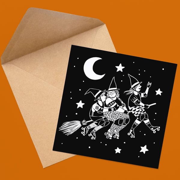 Skate Witches Halloween Greetings Card: Roller Derby Art