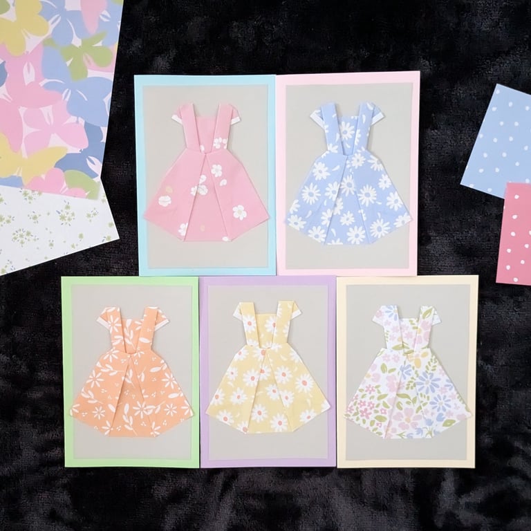 (Set of 5) Handmade Origami Dress Greeting Cards - Cute