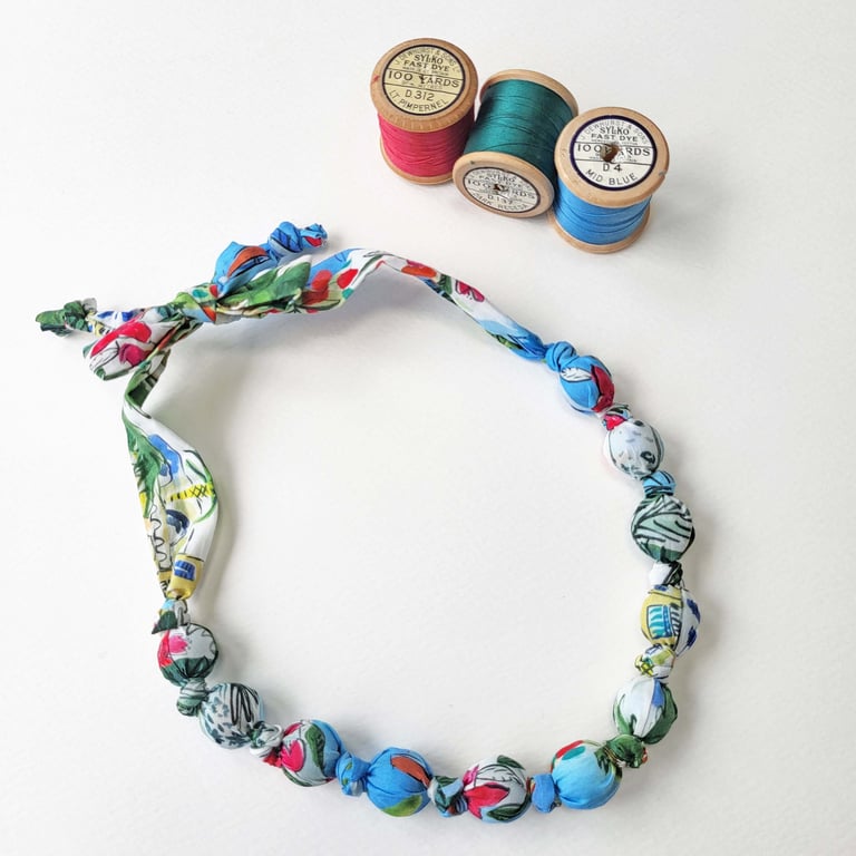  White Blue Pink Green Seaside Liberty Print Fabric Necklace -Cape Vista A Print