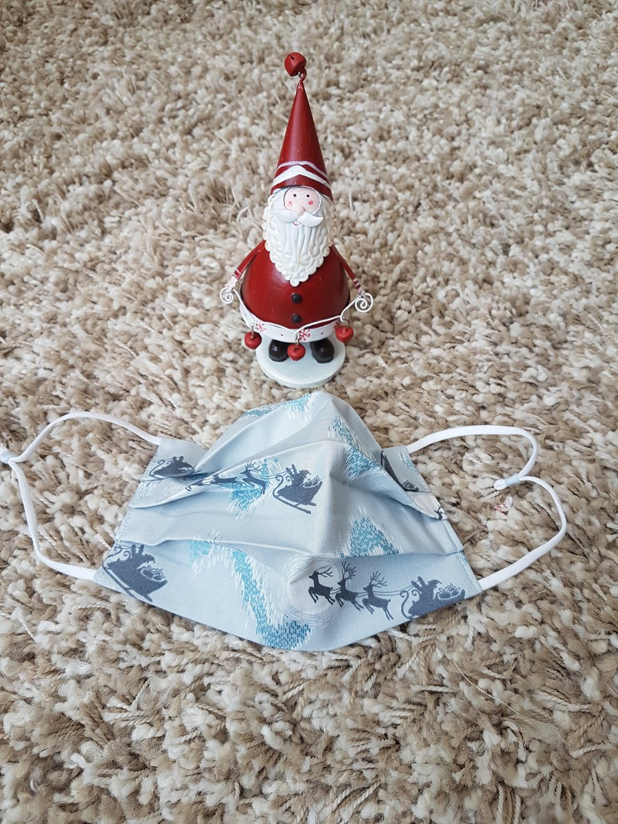 Small Adult or Teenager face covering – Silver Grey Santa and Reindeer print 