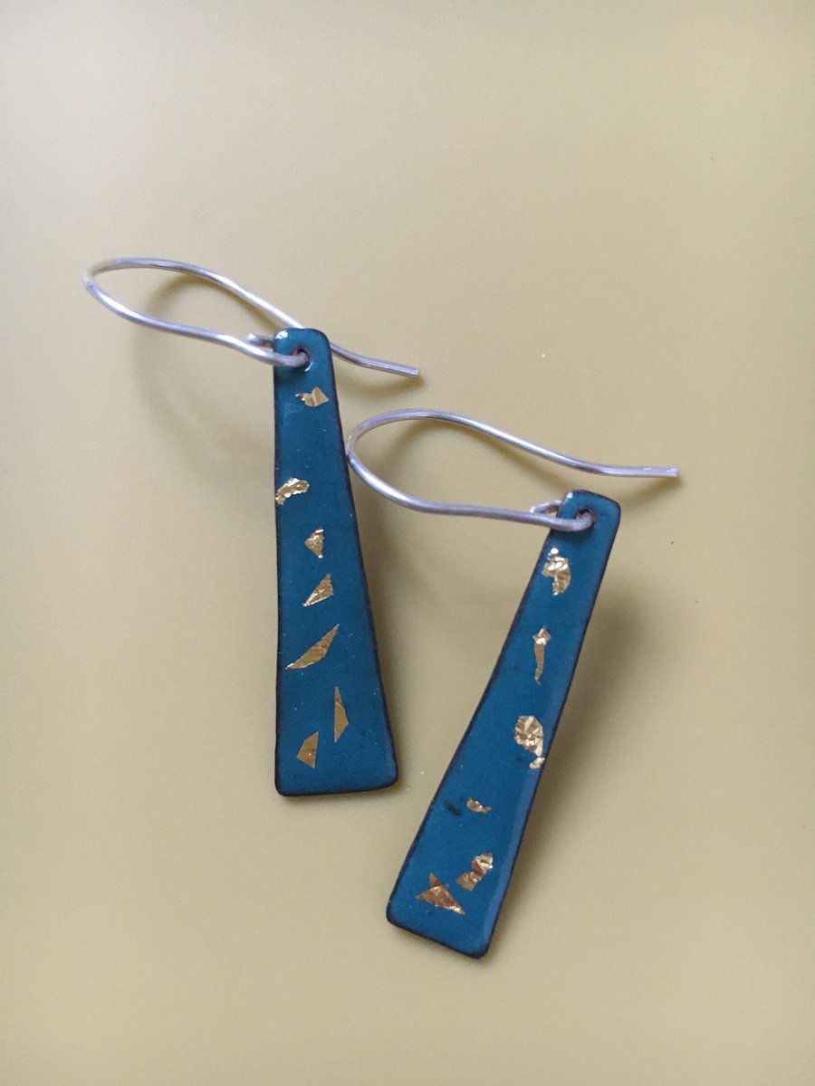 Pretty copper and sky blue enamelled dangle earrings with flecks of gold leaf