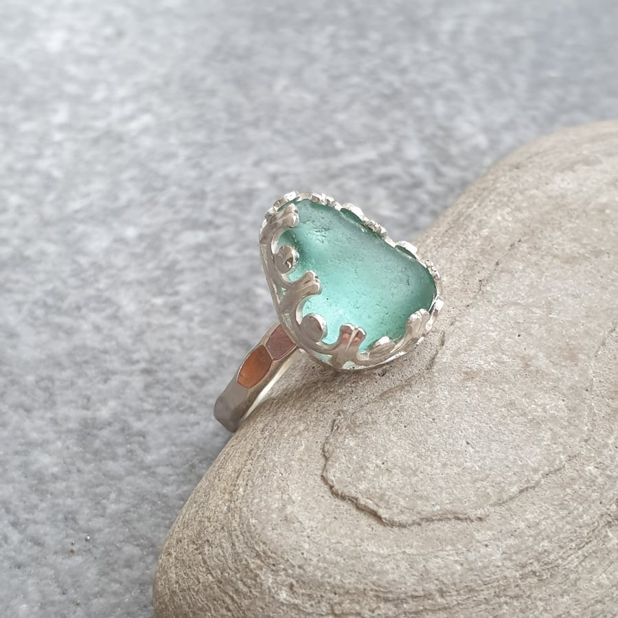Aqua seaglass ring, Ring size L, Teardrop glass ring, Gift for beachcomber
