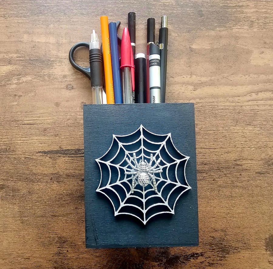 Silver spider and web handmade embellished pen, brush pot or desk tidy