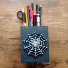 Silver spider and web handmade embellished pen, brush pot or desk tidy