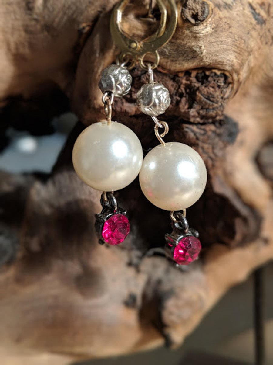 Pearl and red diamante earrings