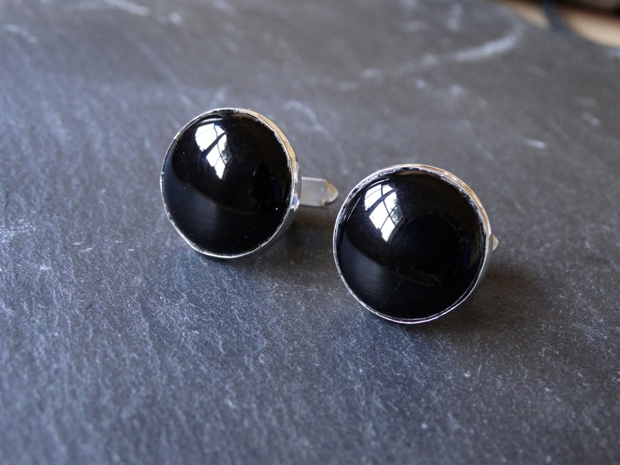 Sterling silver cufflinks. Bar, black obsidian