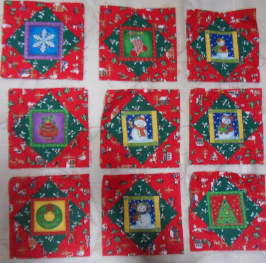 Homemade 9 Christmas quilt blocks. 6 half inch square. 100% cotton