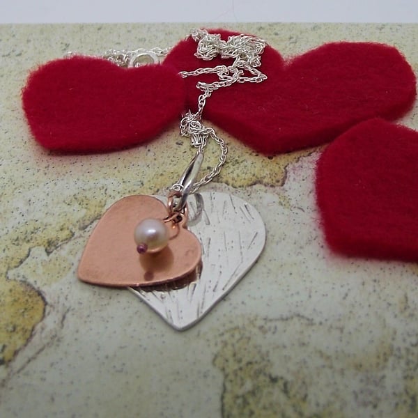 Silver copper heart necklace pearl sterling silver chain handmade jewellery