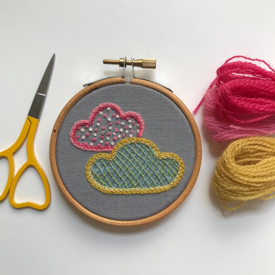 Two Clouds Hand Embroidered Mini Hoop Art