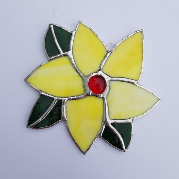 272 Stained Glass Yellow Clematis Style Flower - handmade hanging decoration.