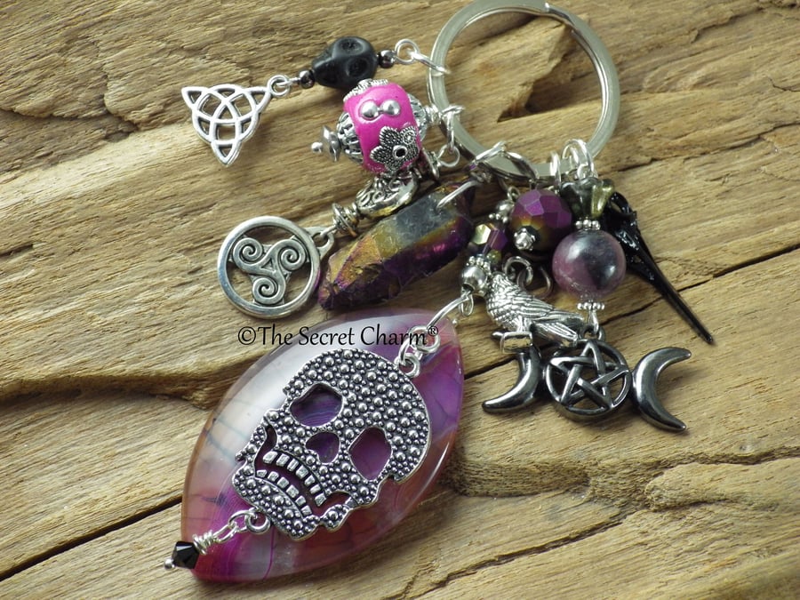 Crow Goddess Morrigan Gemstone Bag Charm, Loaded Purse Charm, Keyring Keychain