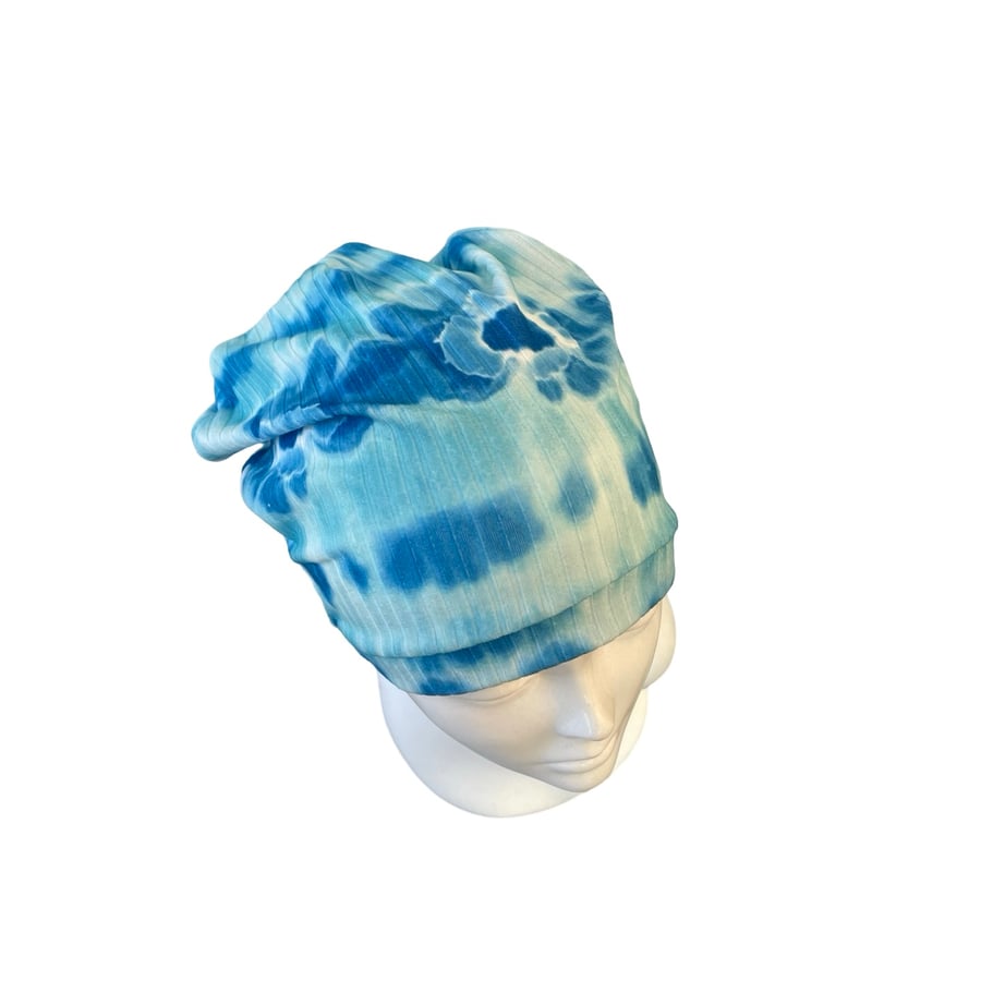 Beanie hat Soft slouchy blue tie dye jersey beanie cap Women chemo hair loss 