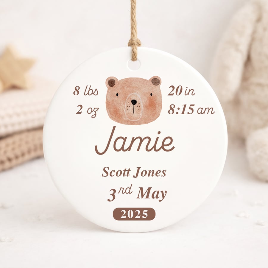 Personalised Newborn Baby Stats Ornament – Bear Birth Details Keepsake Gift 