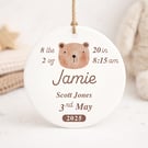 Personalised Newborn Baby Stats Ornament – Bear Birth Details Keepsake Gift 