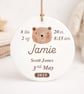 Personalised Newborn Baby Stats Ornament – Bear Birth Details Keepsake Gift 