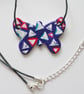 Triangle Pattern Hand Painted Ceramic Butterfly Pendant on Grey Cord with Clasp - Image 3