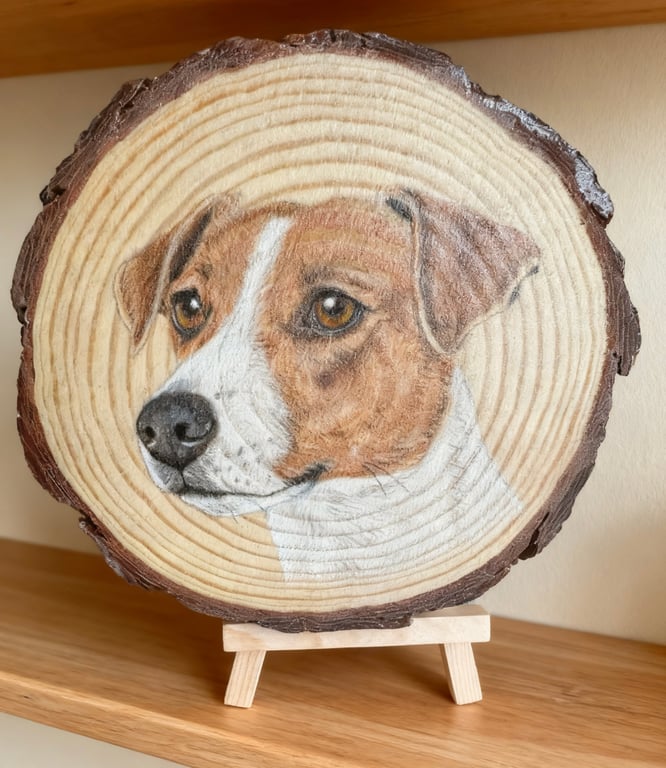 Hand Drawn Jack Russell Terrier on Natural Wood Slice